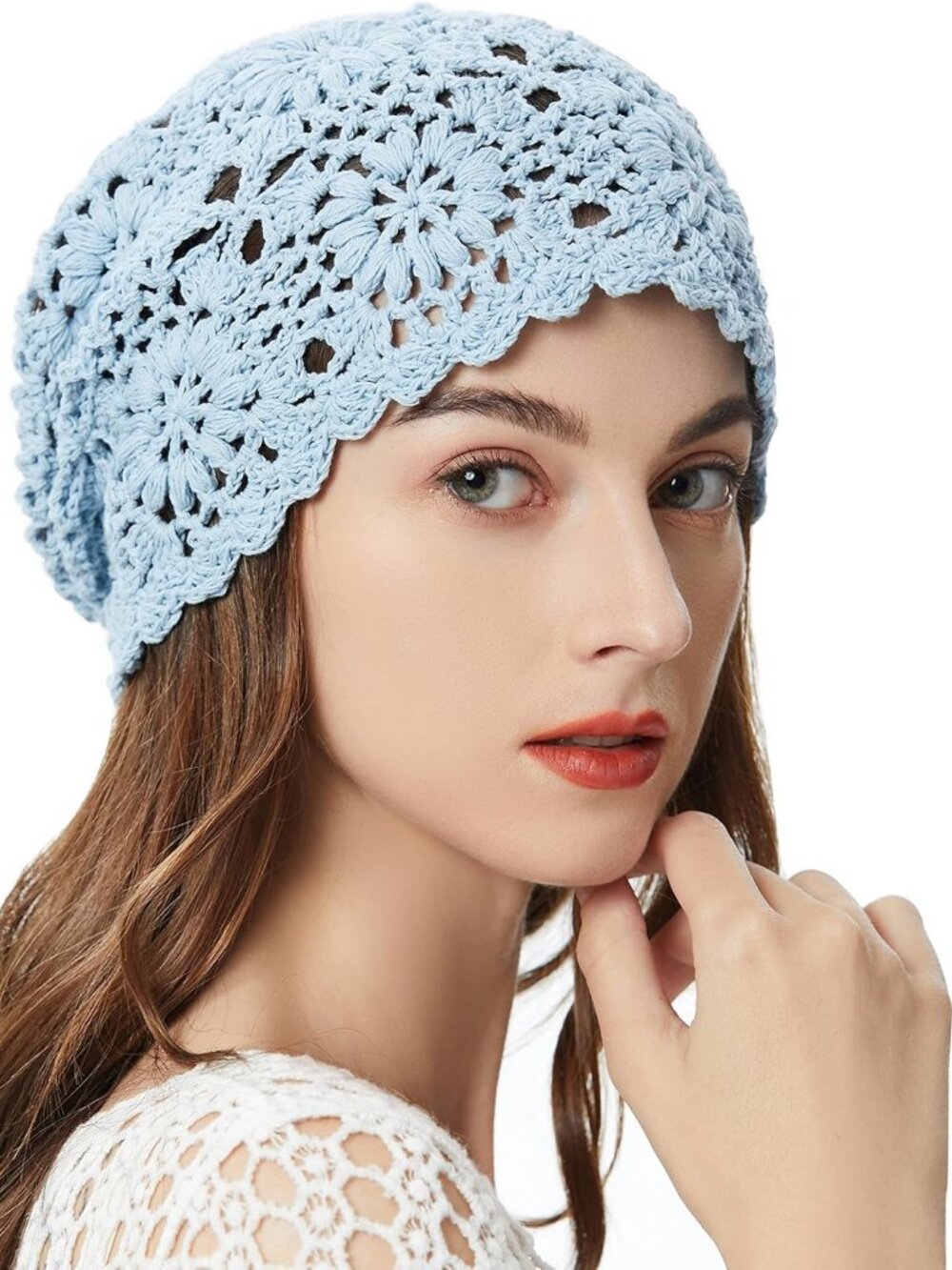 Women's Cotton Crochet Slouchy Beanie Hat Knit Summer Skull Cap Solid Blue